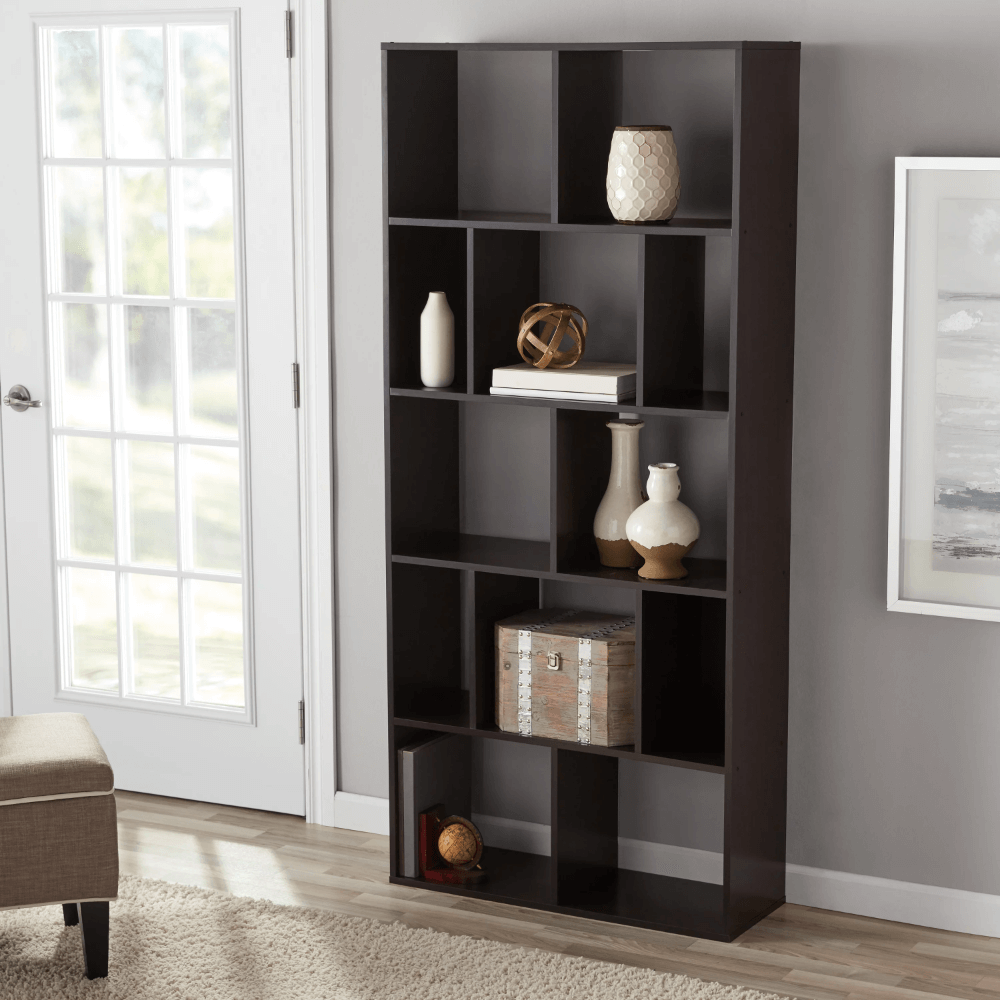 Elegant 12-Cube Freestanding Bookcase in Espresso finish, styled with books and plants.