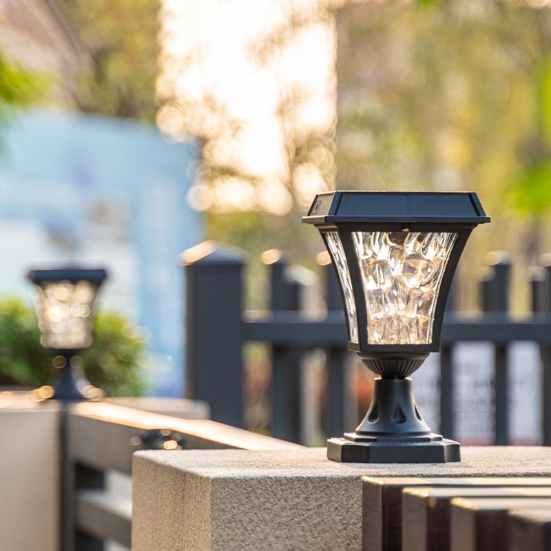 Close-up of the polycrystalline silicon solar panel on the black LED post light.