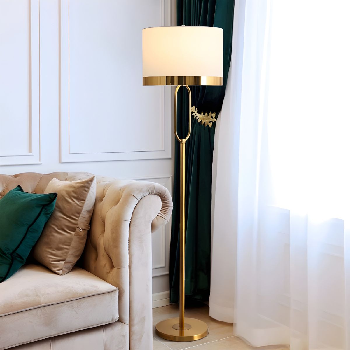 Close-up of the white drum shade on the modern column lamp, showcasing its fabric texture.