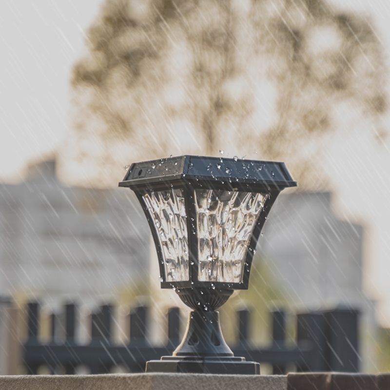 Close-up of the polycrystalline silicon solar panel on the black LED post light.