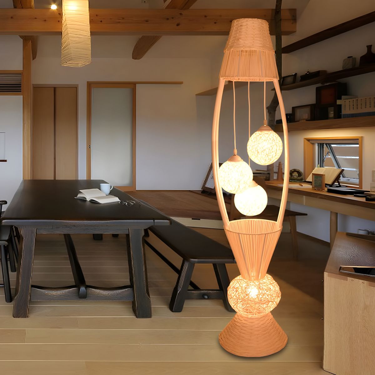 Close-up of the rattan lamp showcasing intricate design and craftsmanship.