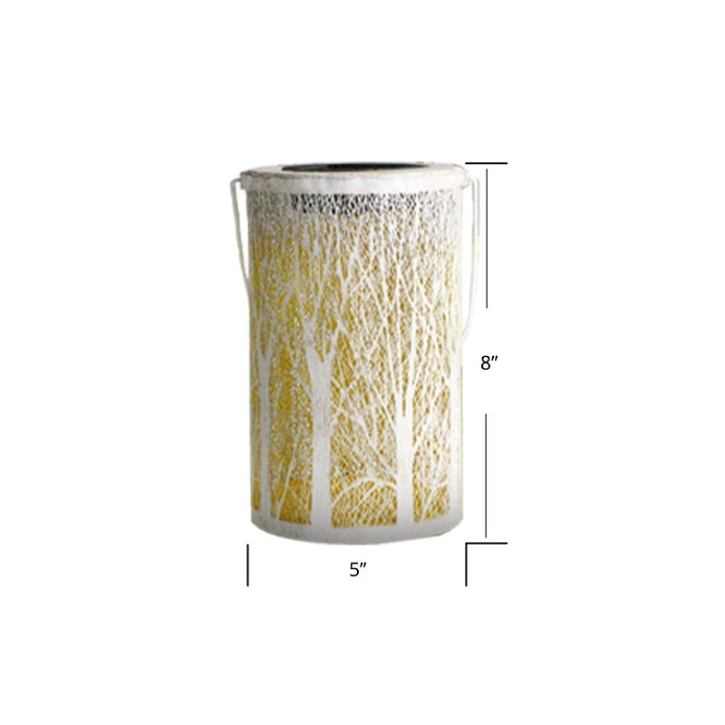 Elegant solar lantern hanging in a garden, radiating warm light.