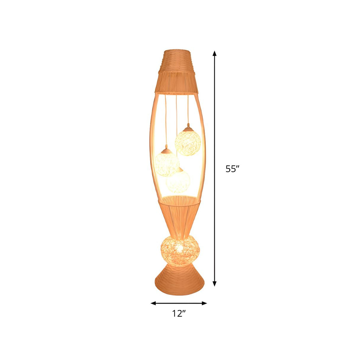 Bamboo lamp placed beside a sofa, enhancing the rooms aesthetic with soft lighting.