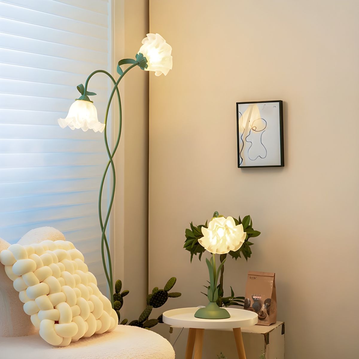 Elegant green floor lamp in a cozy living room setting