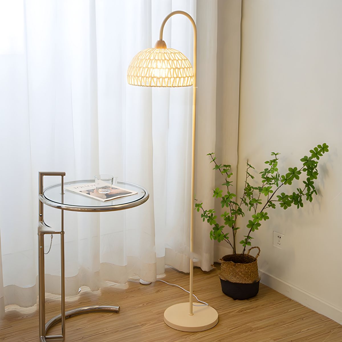 Elegant rattan lampshade floor lamp showcasing its unique design and intricate weaves.