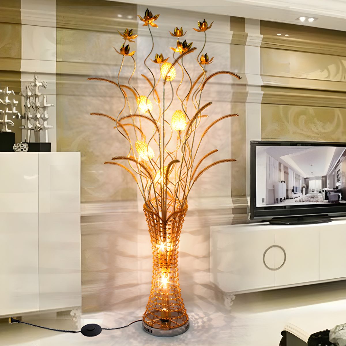 Close-up of the transparent lampshade on the gold LED floor lamp, highlighting its art deco design.