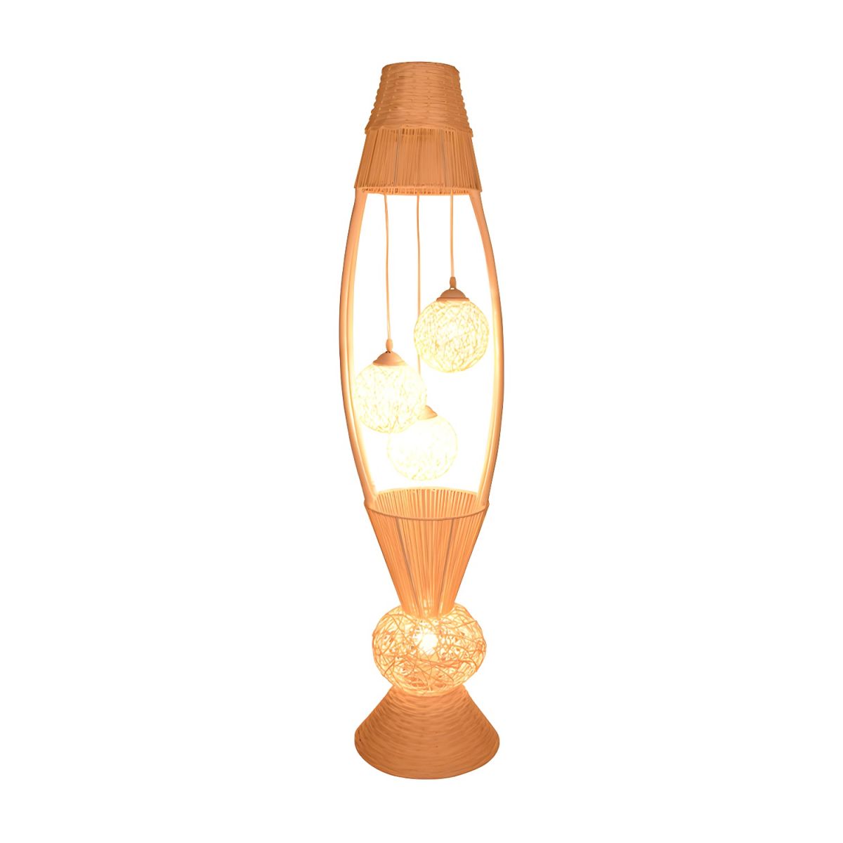 Elegant bamboo fish basket floor lamp in living room setting, providing warm light.