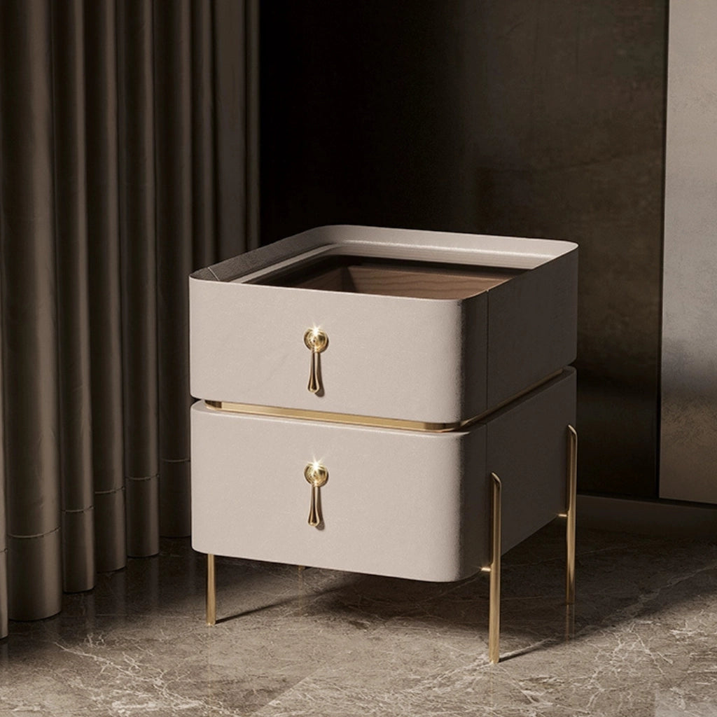 Close-up of the luxurious PU leather texture on the nightstand.