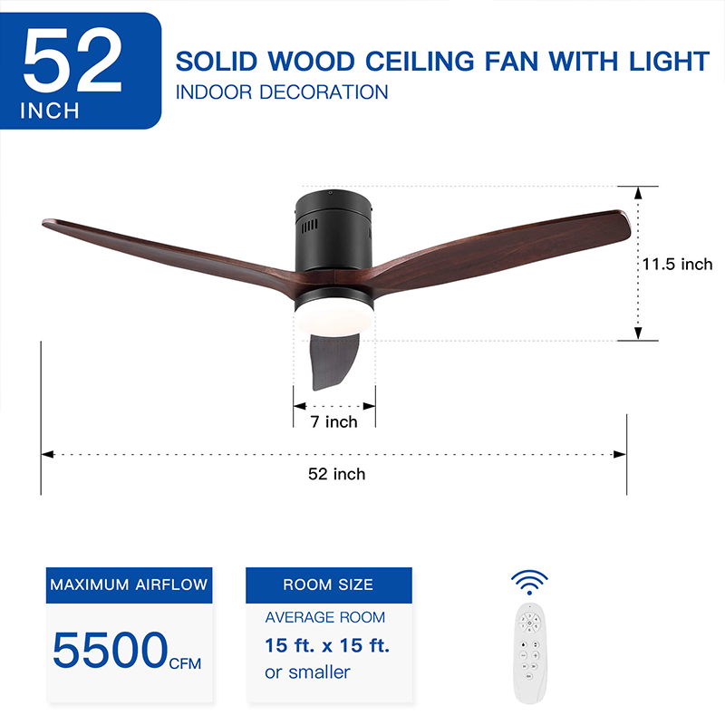 A close-up view of the walnut finish on the modern LED farmhouse ceiling fan, showcasing its sleek design.