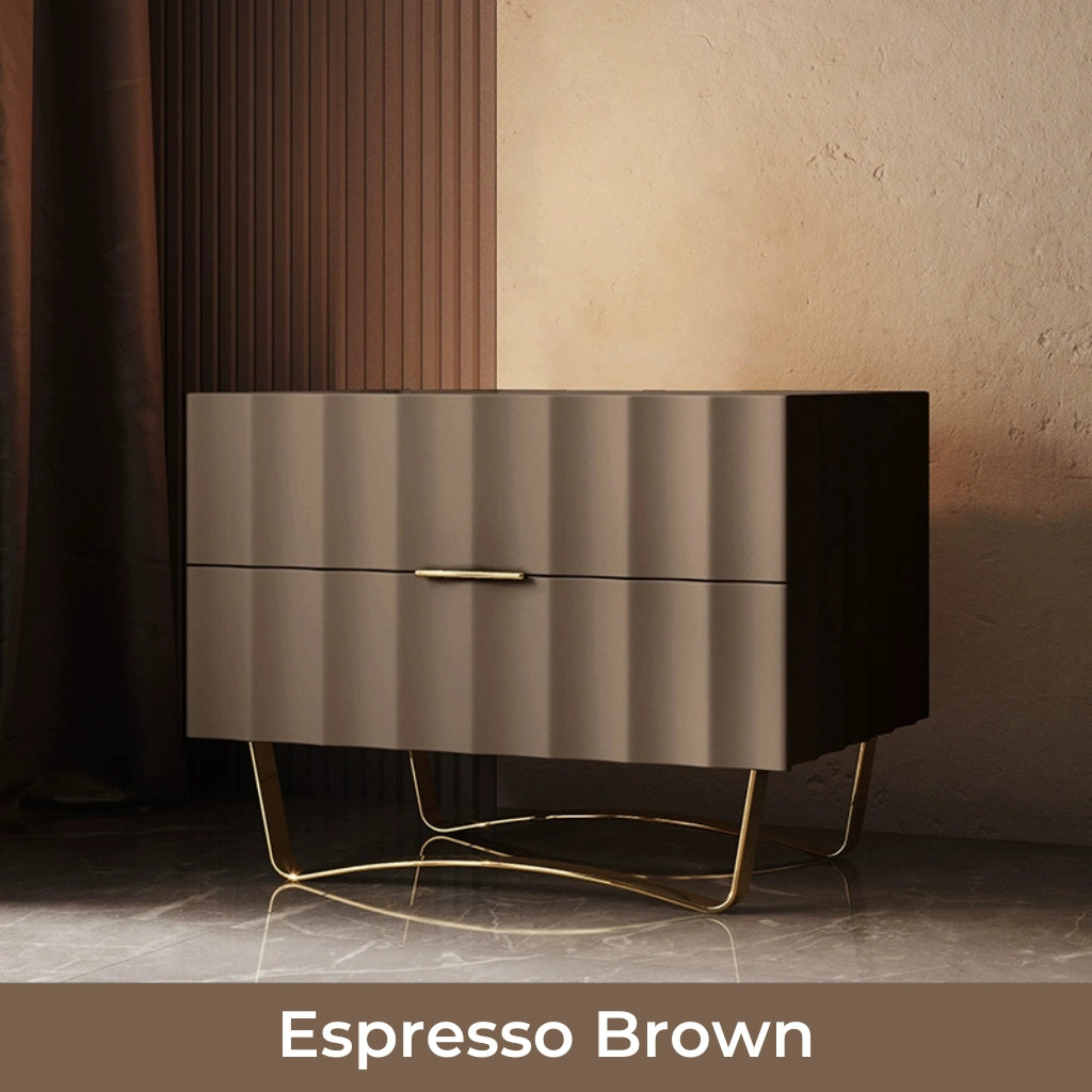 Front view of the elegant 2 drawer nightstand with LED light and sintered stone top.