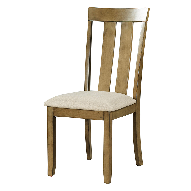 Angled view of retro walnut dining table with eight cushioned chairs