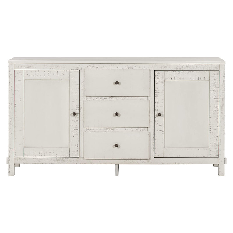 Full front view of the buffet cabinet with open doors revealing adjustable shelves and ample storage.