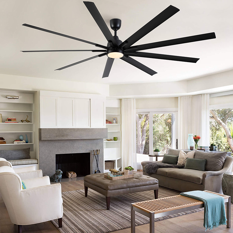 Close-up of the black ceiling fan showcasing its elegant design
