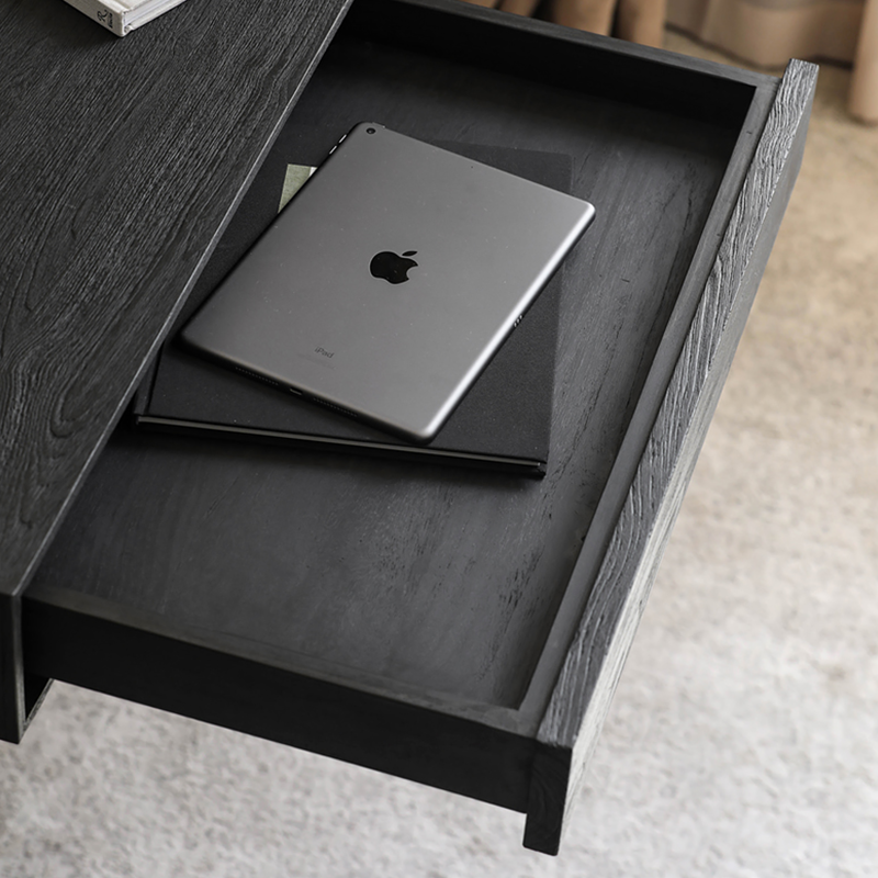 Front view of the modern minimalist teakwood two-drawer writing desk showcasing its sleek design.