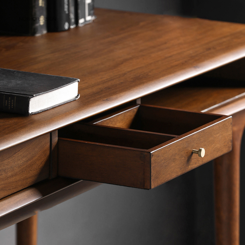 Nut-brown industrial style writing desk from a side angle, highlighting its smooth surface and sturdy drawers.