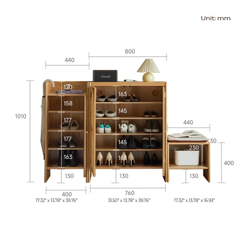 Front view of the adjustable wooden shoe storage cabinet, highlighting its sleek design and functionality.