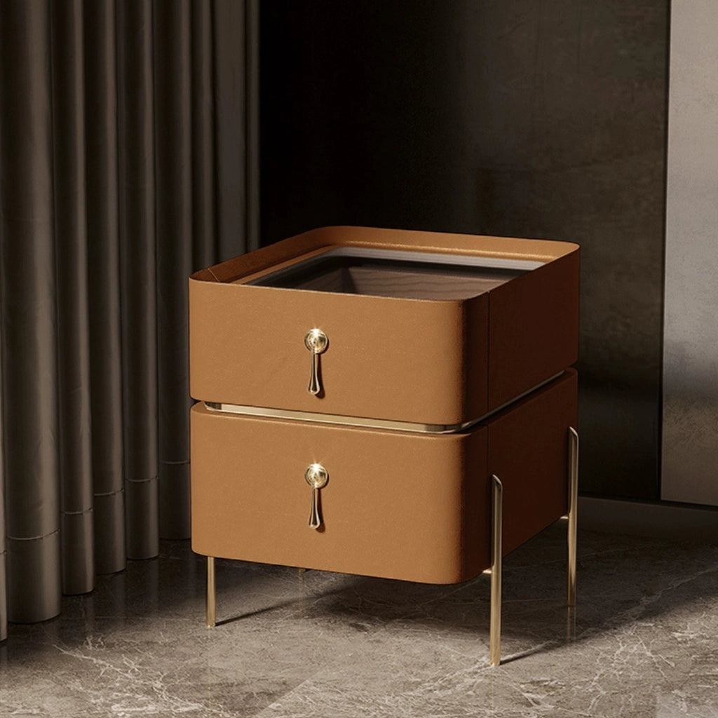 Elegant modern leather nightstand with automatic light in a softly lit bedroom.