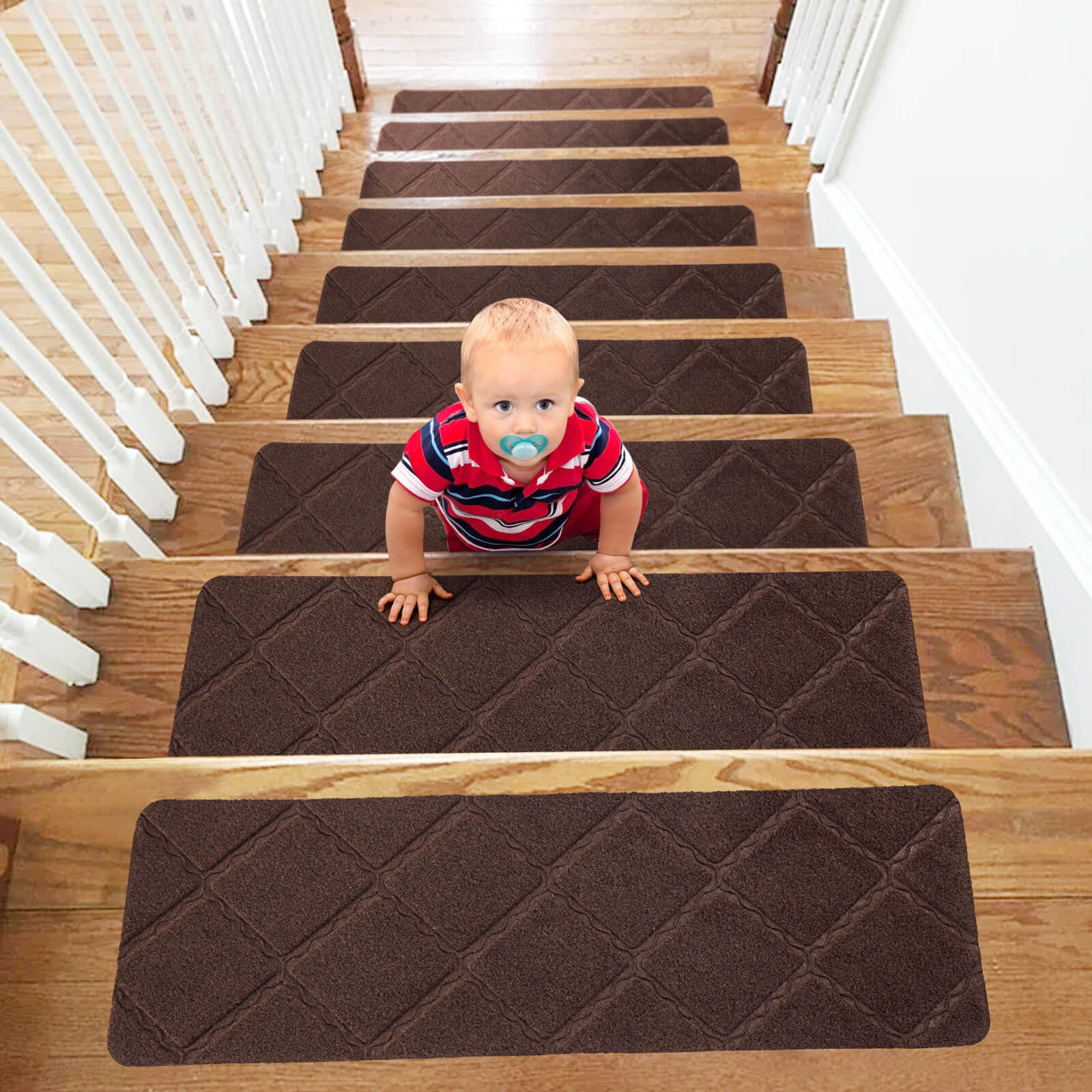 Close-up view of non-slip textured stair treads installed on stairs, showcasing grip and comfort.