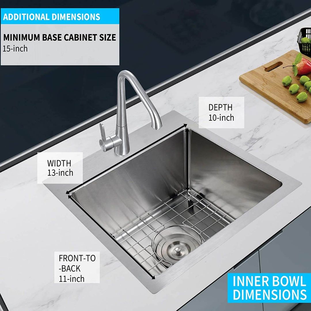 15-inch top-mount stainless steel sink installed in a stylish kitchen, highlighting its functionality.