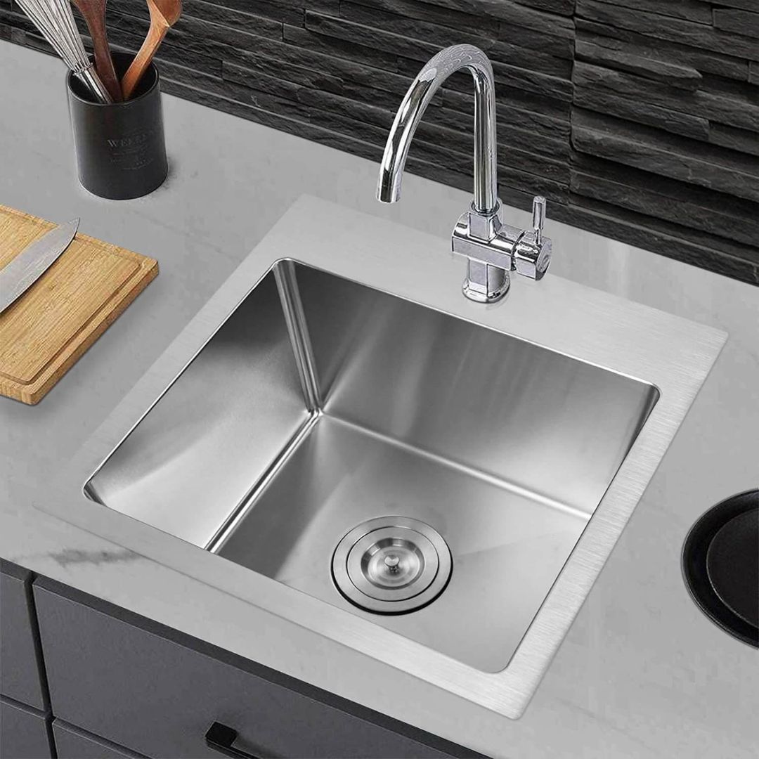 Side view of the 15-inch top-mount workstation stainless steel sink showcasing its sleek design.