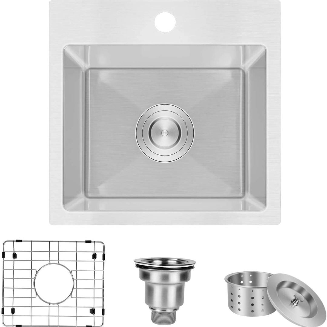 15-inch top-mount stainless steel sink installed in a stylish kitchen, highlighting its functionality.