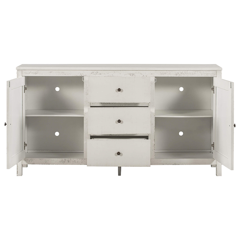 Side view of the rustic antique white buffet cabinet showcasing its adjustable shelves and elegant design.