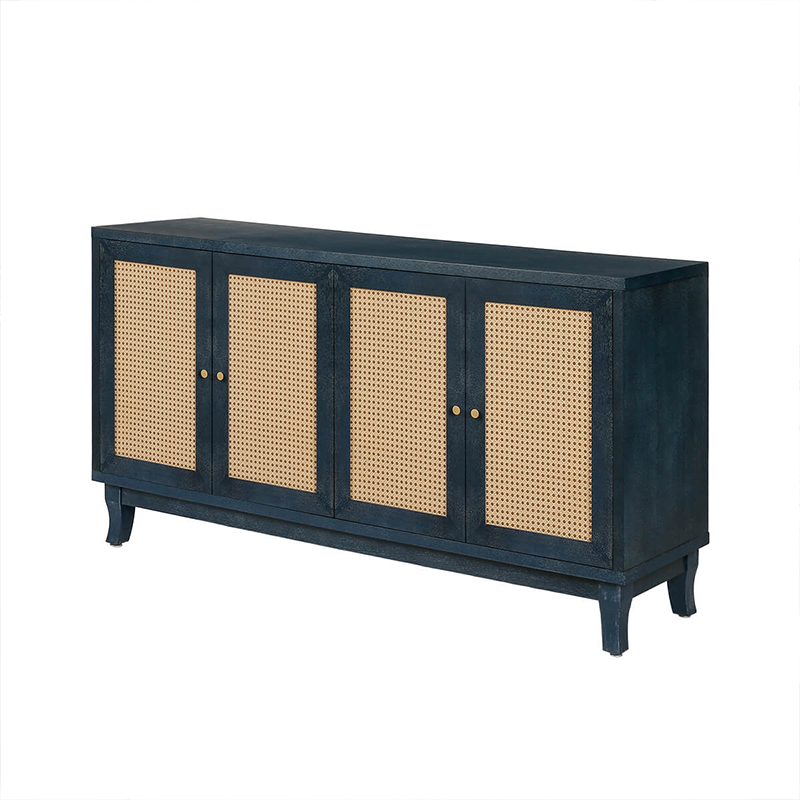 Close-up of the rattan doors on the blue sideboard, highlighting craftsmanship and texture.