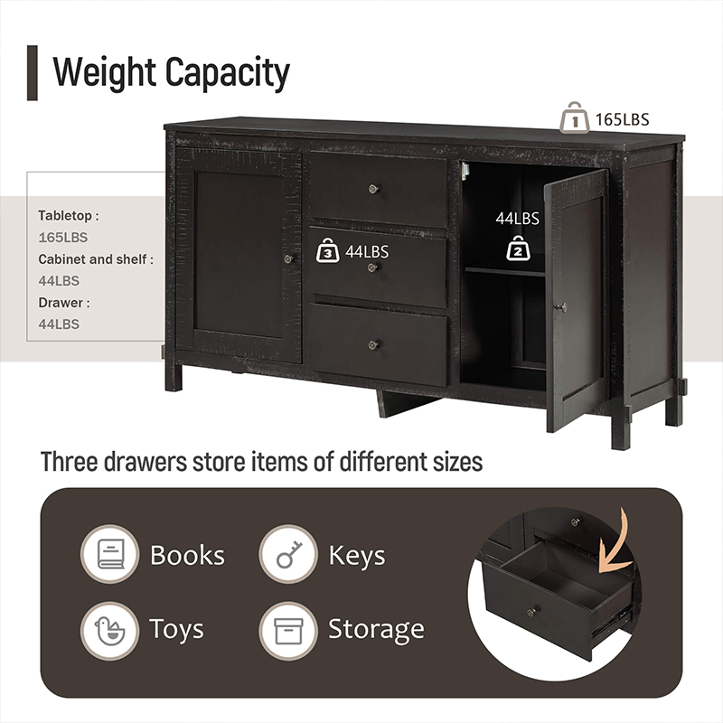 Interior view of the adjustable shelves within the buffet cabinet, perfect for storing dishes and kitchen appliances.