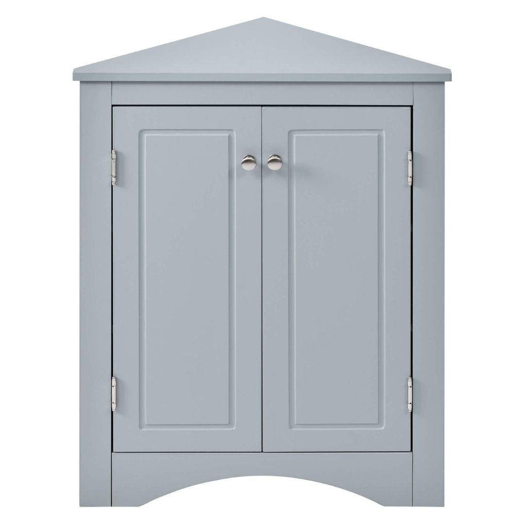 Modern blue corner cabinet showcasing adjustable shelves in a small bathroom setting.