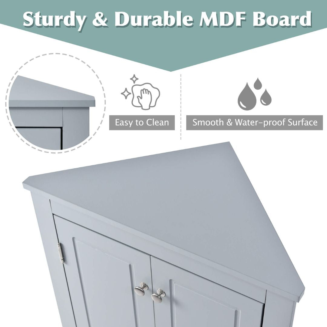 Organized bathroom corner featuring the affordable triangular cabinet with shelves for toiletries.