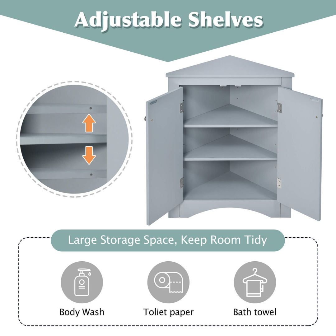 Close-up of the triangular bathroom cabinet with its sleek design and painted finish.