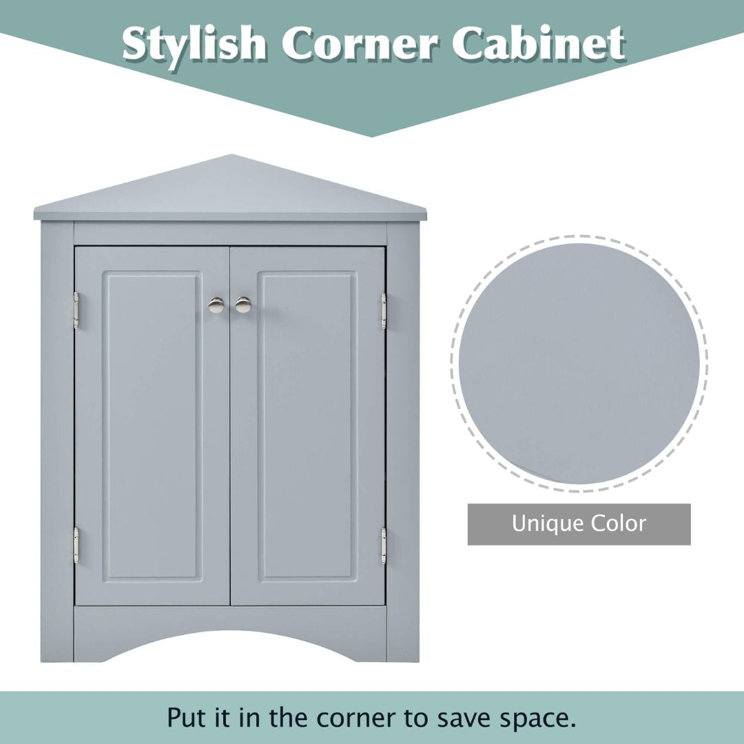 Modern blue corner cabinet showcasing adjustable shelves in a small bathroom setting.