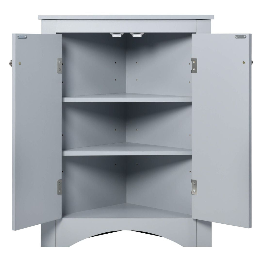 Close-up of the triangular bathroom cabinet with its sleek design and painted finish.