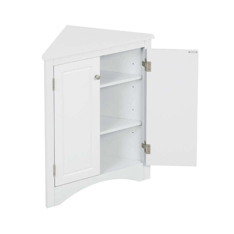 Side angle of the 17" corner bathroom cabinet displaying ample storage and interior shelf adjustment.