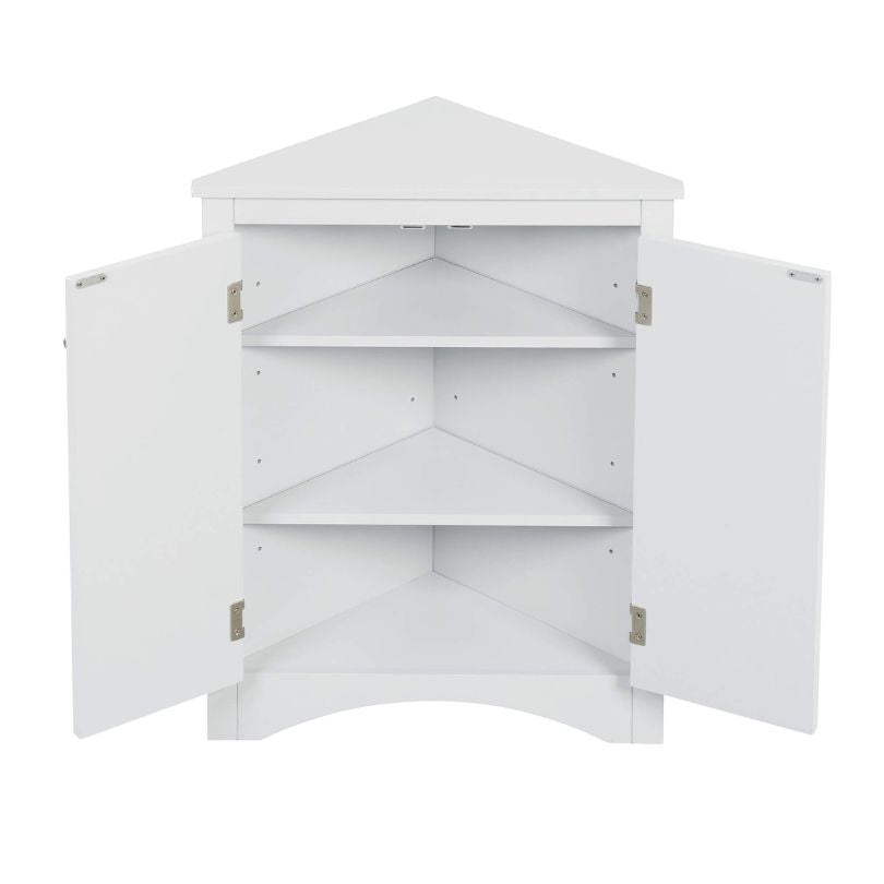 View of the stylish 17" white corner triangle cabinet showcasing its adjustable shelves and sleek finish.