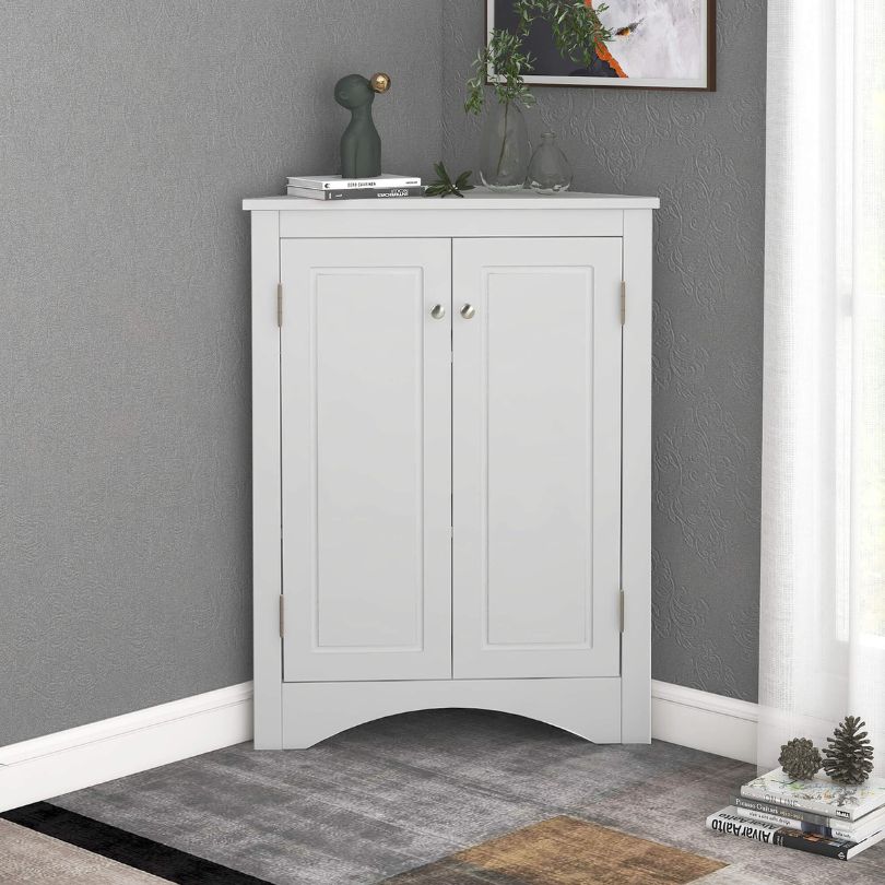 Side angle of the 17" corner bathroom cabinet displaying ample storage and interior shelf adjustment.