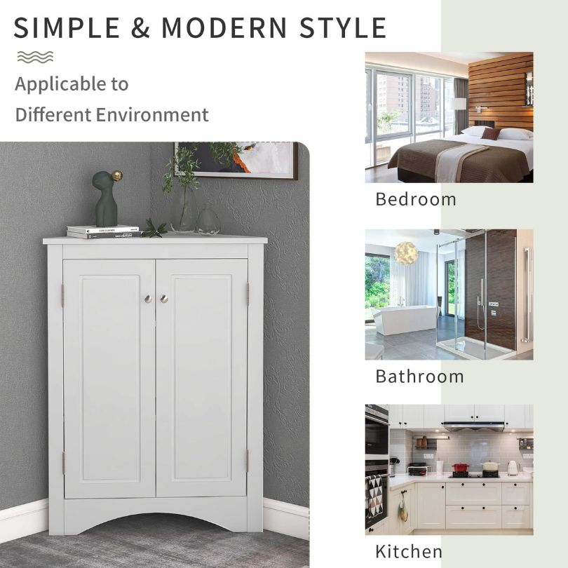 Close-up of the modern white corner cabinets triangular design, perfect for small bathroom spaces.