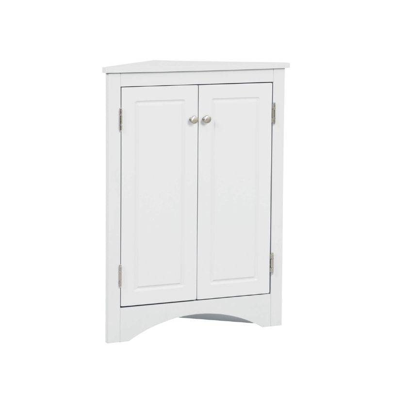 Close-up of the modern white corner cabinets triangular design, perfect for small bathroom spaces.