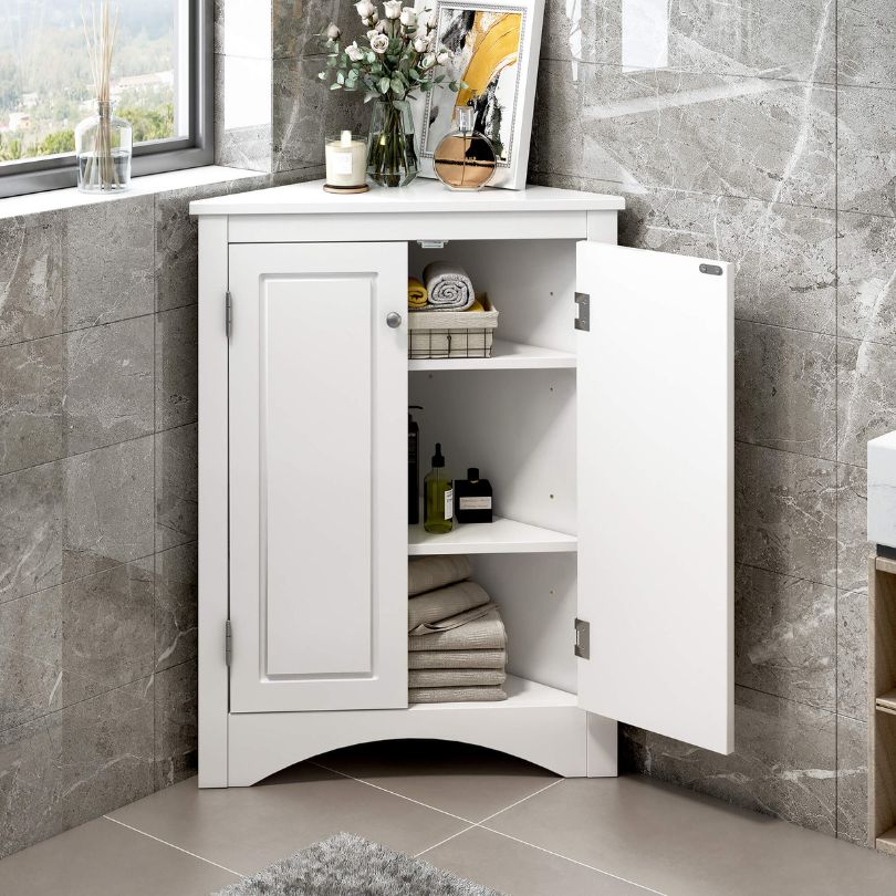 View of the stylish 17" white corner triangle cabinet showcasing its adjustable shelves and sleek finish.