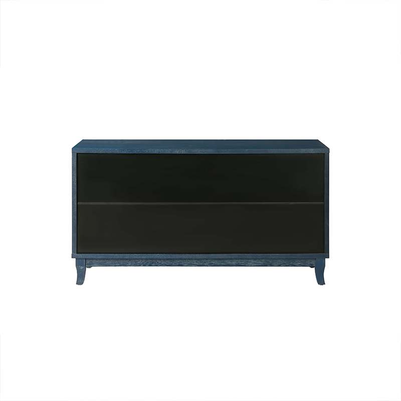 Side view of the blue rattan sideboard showcasing its four doors and adjustable shelves.