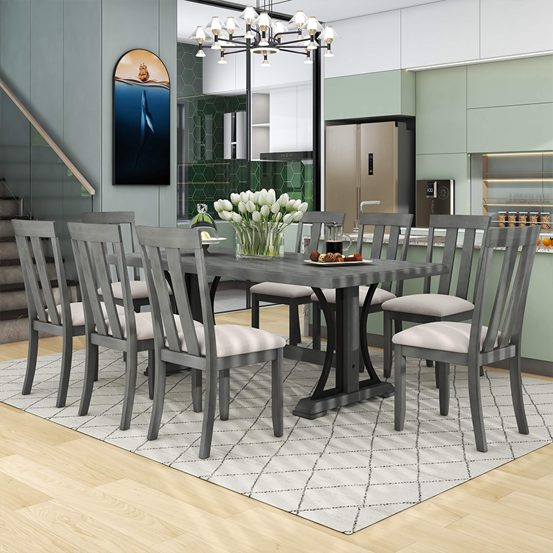 Retro Elegance: 9-Piece Gray Dining Table Set - Image 2