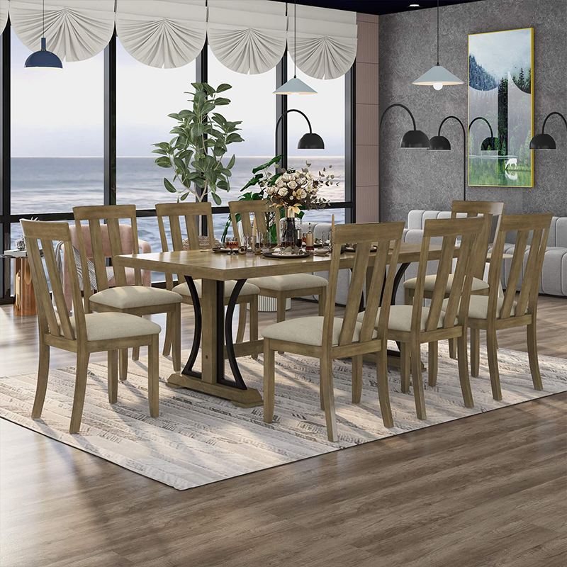 Close-up of the dining sets natural wood grain and soft fabric