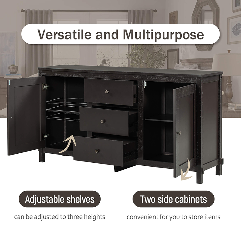Front view of Classic Espresso Buffet Cabinet showcasing its elegant design and spacious drawers for kitchen organization.