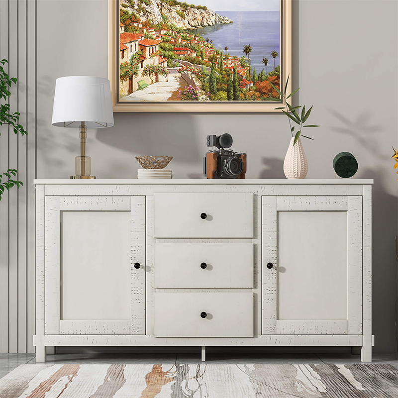 Side view of the rustic antique white buffet cabinet showcasing its adjustable shelves and elegant design.