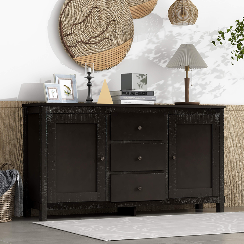 Front view of Classic Espresso Buffet Cabinet showcasing its elegant design and spacious drawers for kitchen organization.