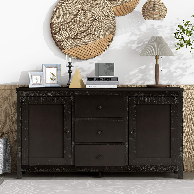 Side view of the Classic Espresso Buffet Cabinet highlighting the distressed wood finish and metal knob handles.