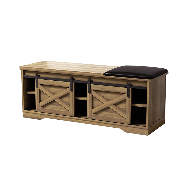 Light brown shoe bench for entryway with sliding doors and comfortable seating