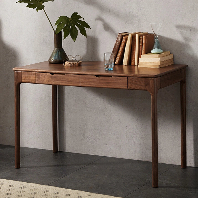 Stylish walnut retro desk showcasing dual drawers from a side angle, perfect for home offices.