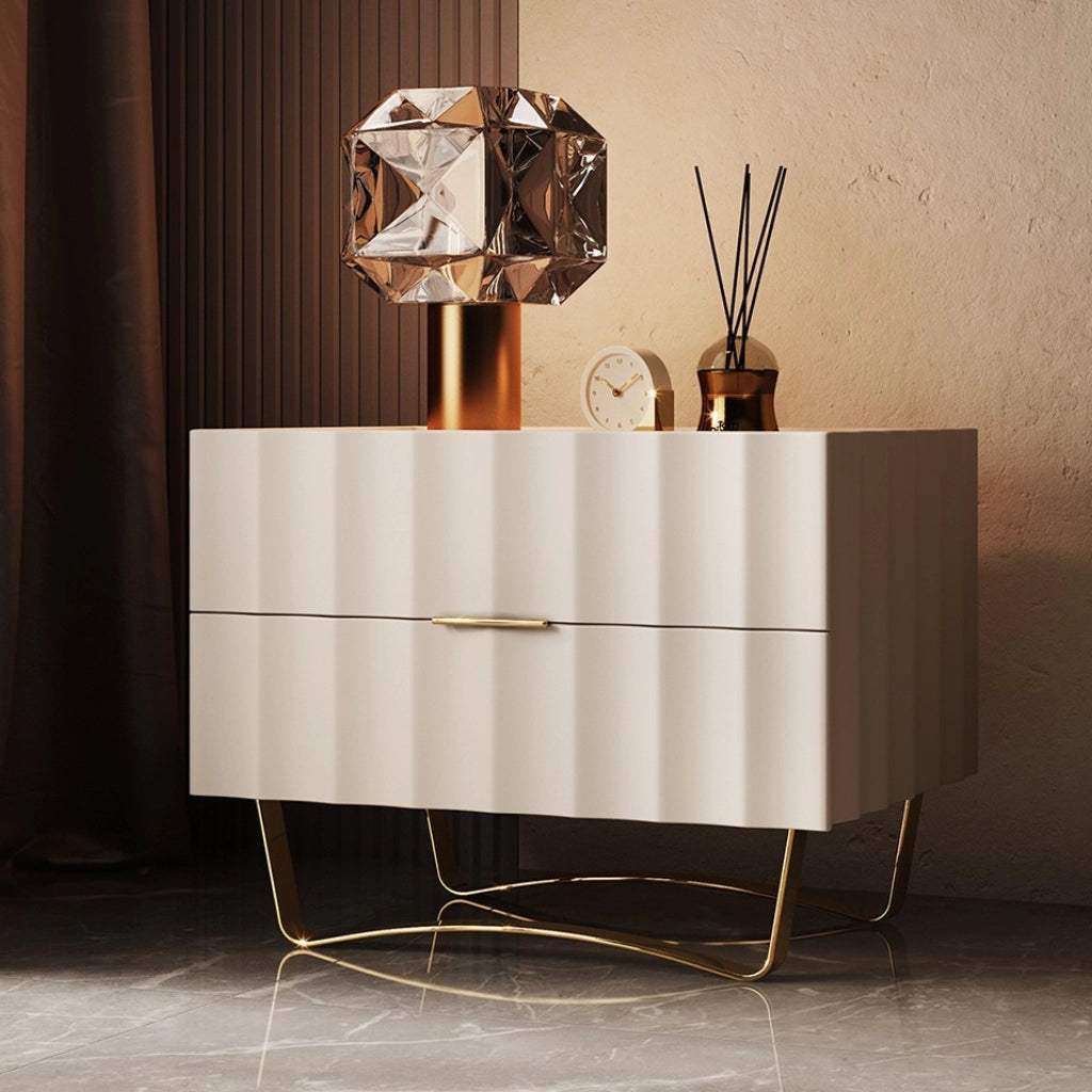 Front view of the elegant 2 drawer nightstand with LED light and sintered stone top.