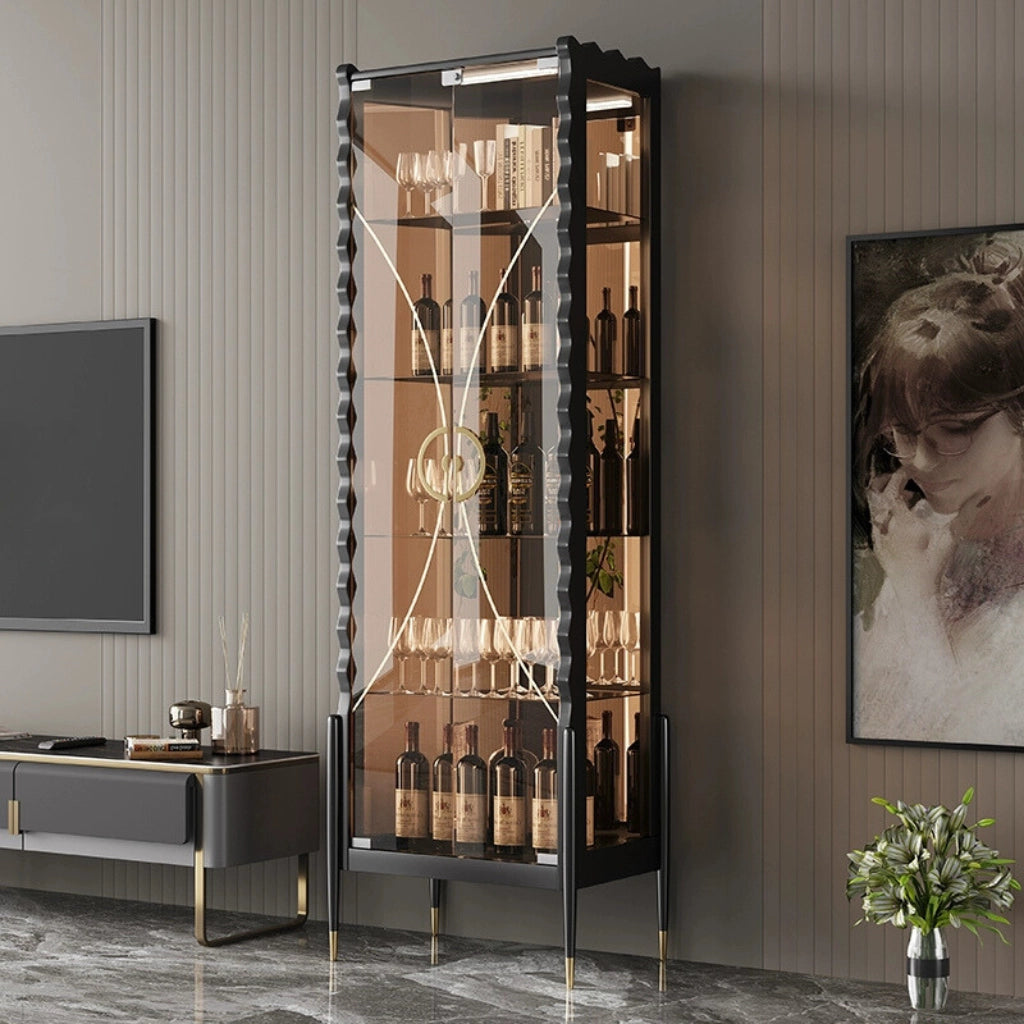 Elegant modern glass wine cabinet showcasing multiple wine bottles inside with glass doors.